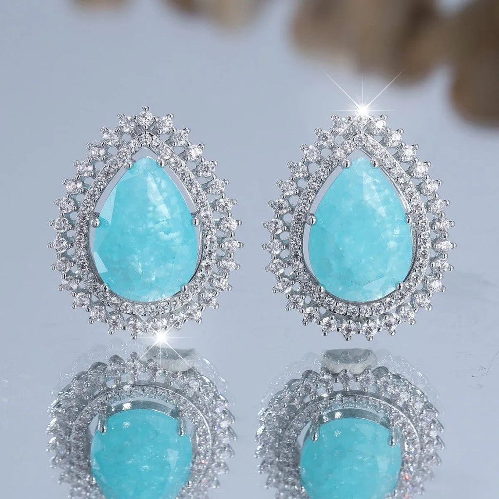 Women's platinum-coloured water drop earrings with heart-shaped ice flower diamond design elements