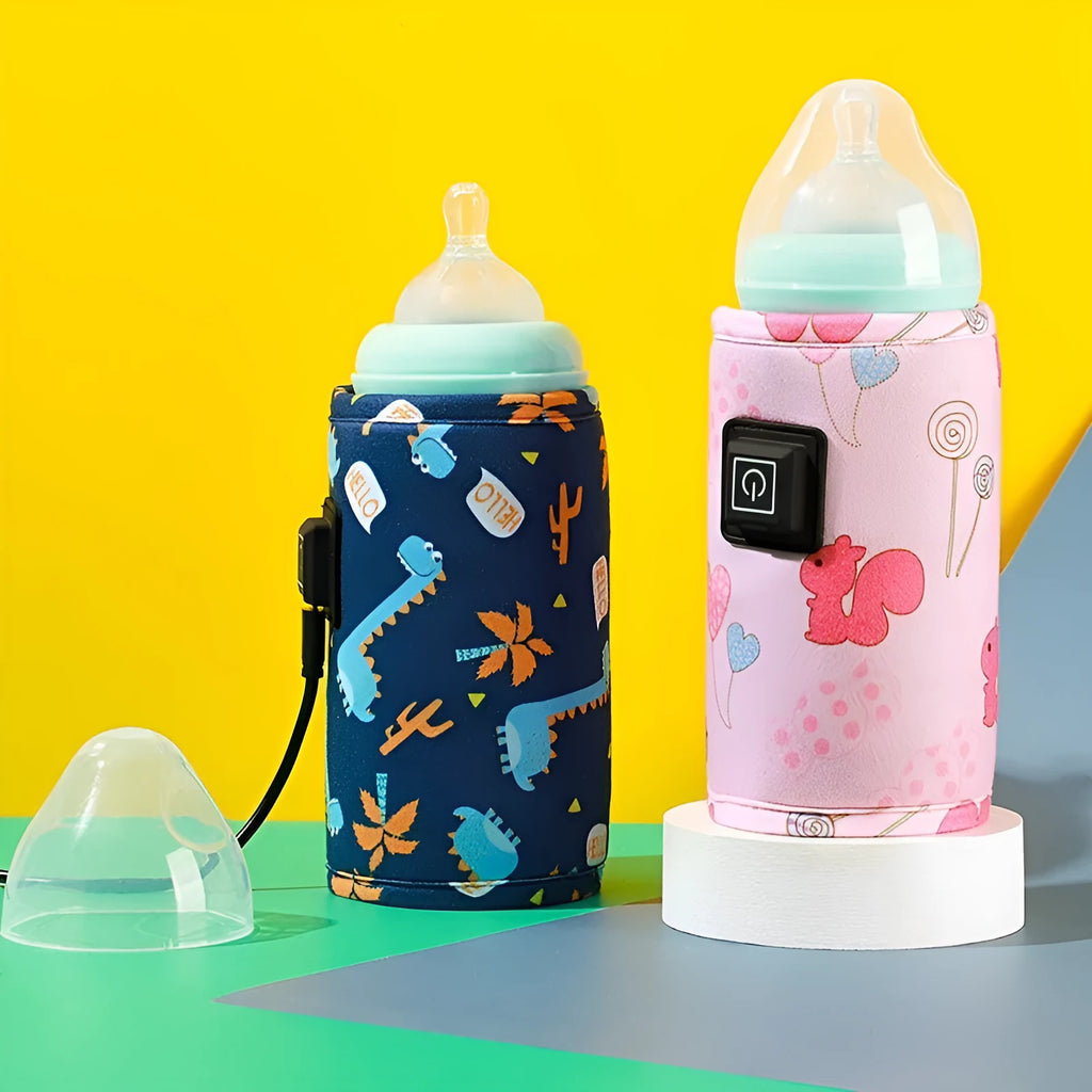 USB-powered baby bottle insulation cover in a blue dinosaur cartoon design.