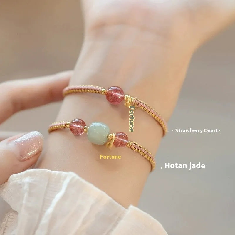 Adjustable red rope bracelet with natural stone beads in national Chinese style