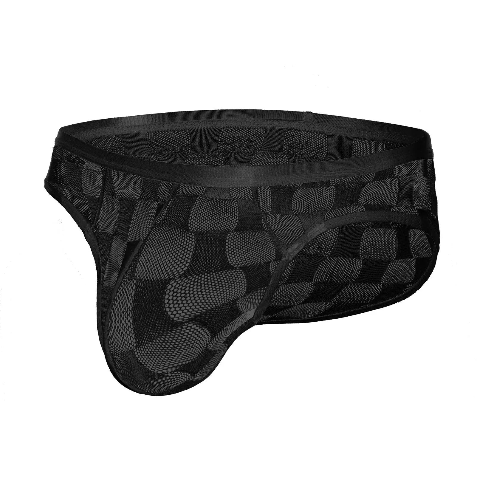 Men's black and white plaid mesh underpants with U-convex design on mannequin