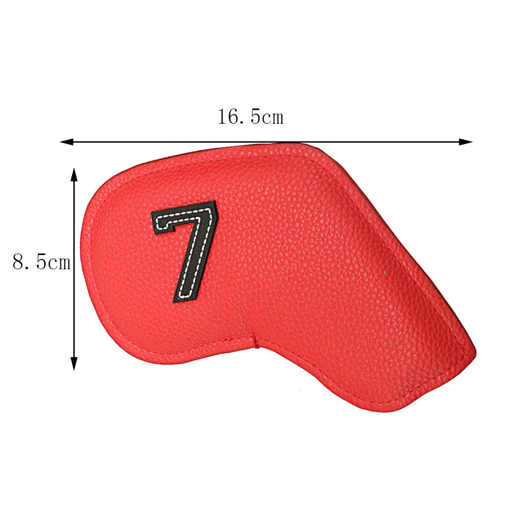 Set of 10 assorted colour digitally printed PU golf club head covers for drivers and irons.