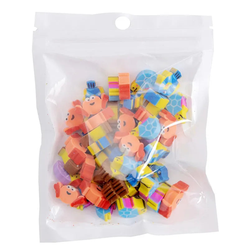 50 small colourful cartoon-themed TPR rubber erasers in a pearlescent film bag