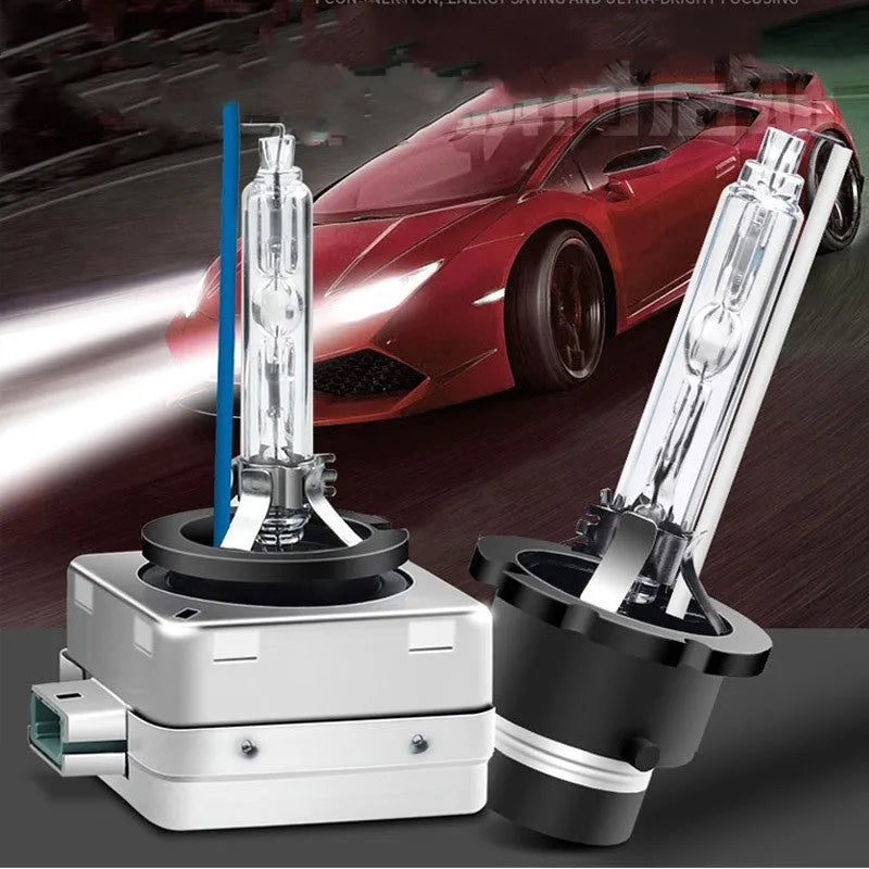 Xenon automotive headlight bulb with aluminium alloy shell and quartz tube, showing D1S and D1R base types.