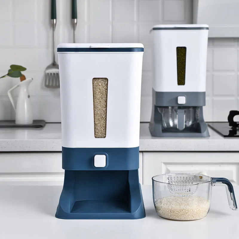 Automatic kitchen rice bucket 5L to 6L PP plastic dispenser in black, blue, or grey