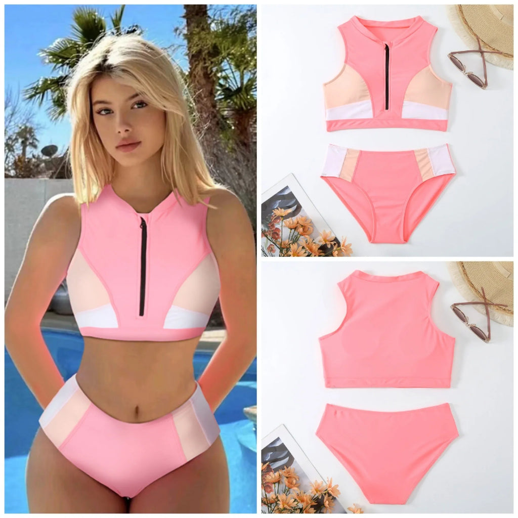 Pink high-waist split bikini swimsuit with briefs style on a mannequin.