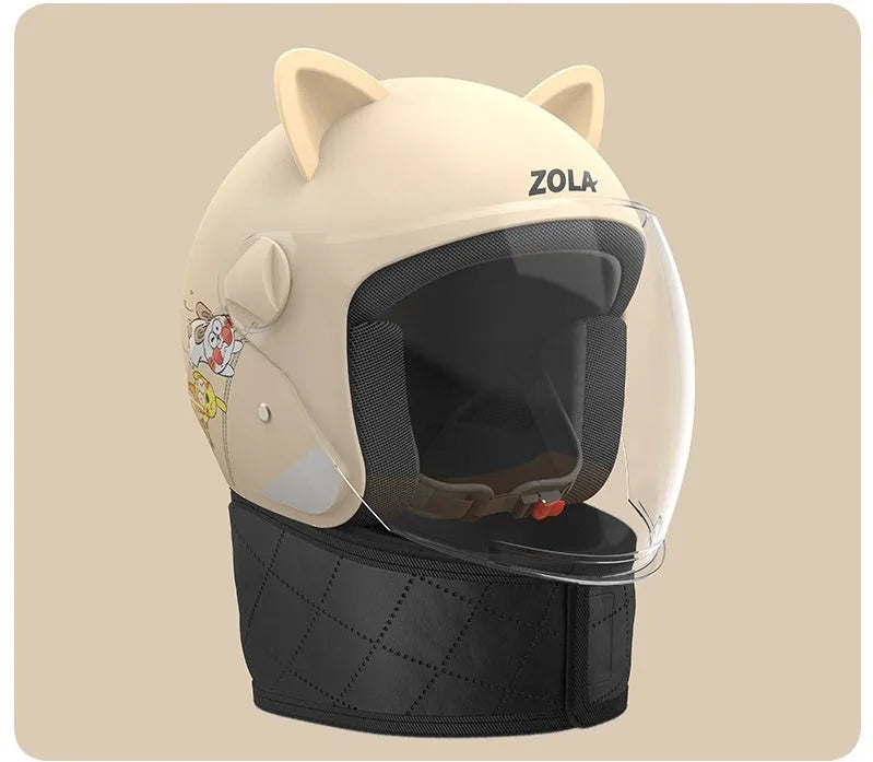 Blown Away winter cycling helmet with attached fleece scarf and clear anti-fog visor on a handlebar.