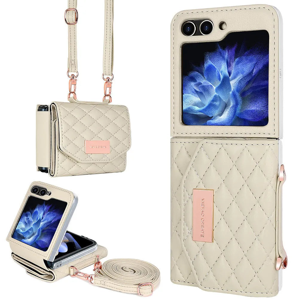 Fashion PU phone cover with lanyard and card slot for Samsung Z Flip in purple
