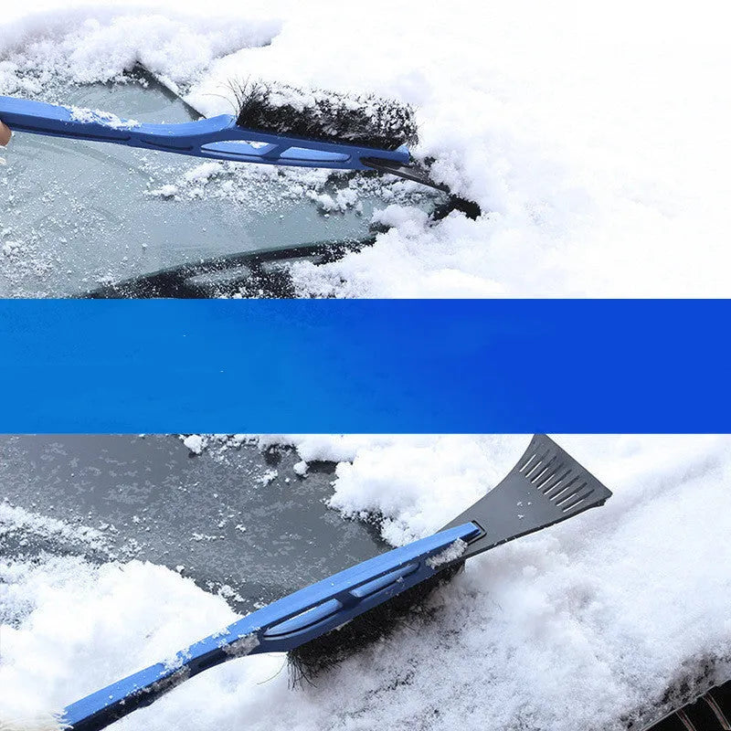 Blue hard plastic car snow shovel with nylon brush, 52 cm, on a windscreen with snow