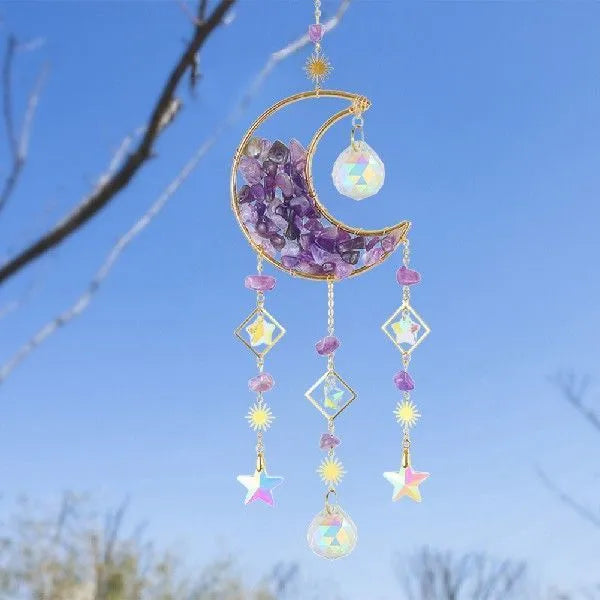 K9 crystal moon-shaped car pendant hanging, showing reflective surface in a choice of colours.