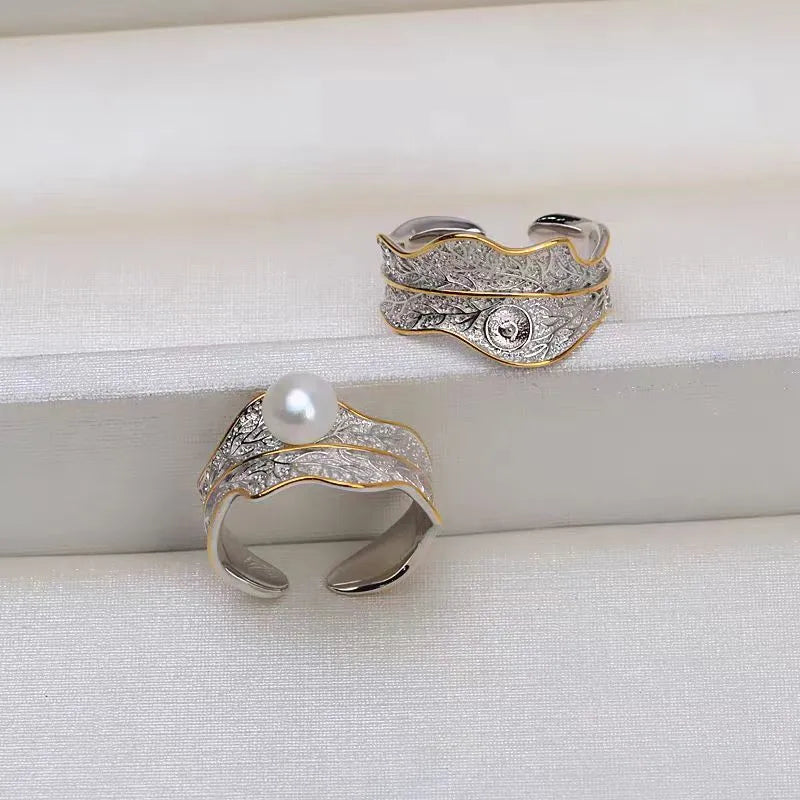 Natural freshwater pearl ring with leaf-shaped metal band and adjustable opening