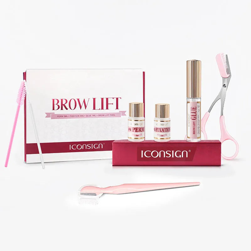 Pink eyebrow perm kit with keratin treatment solution and quick ironing tools in suit packaging