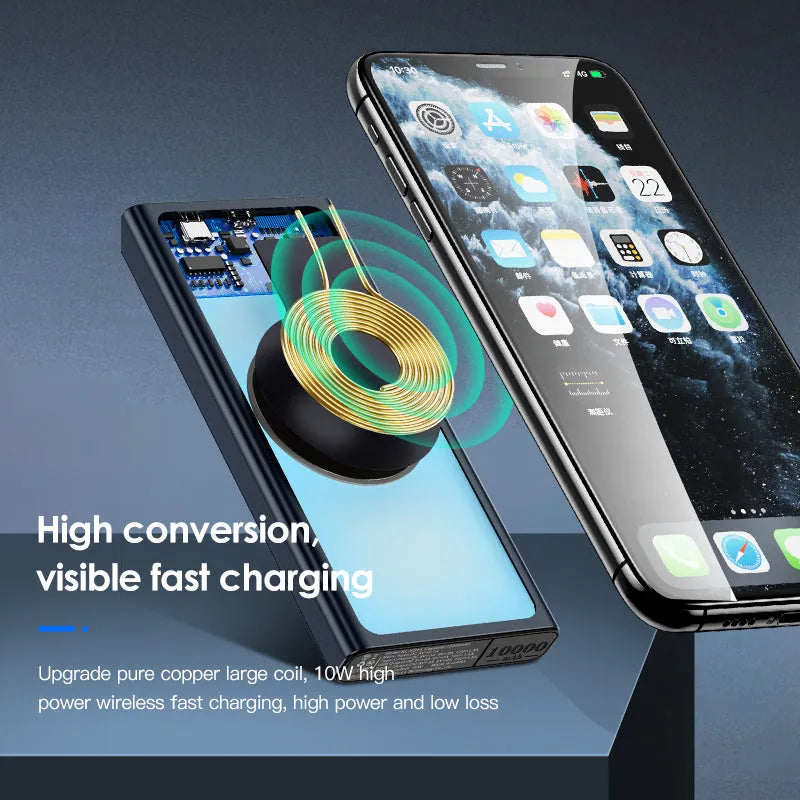 Black and blue square aluminium alloy wireless power bank with a capacity of 10000mAh