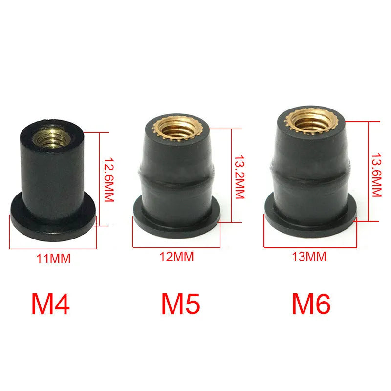 Motorcycle windshield rubber brass nut fasteners in M4 M5 M6 sizes, 10-piece set