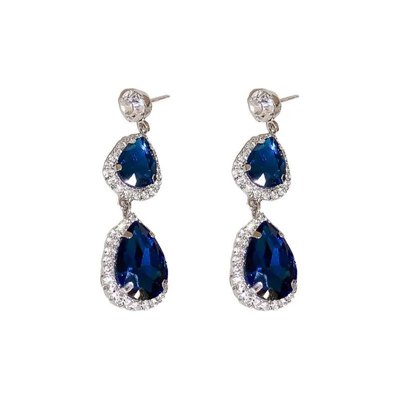 Silver needle water drop earrings and necklace set in blue with zircon pendant on alloy chain