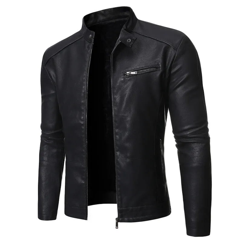 Men's cowhide motorcycle leather jacket in black with decorative pockets and plain style