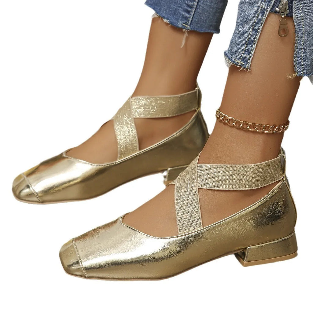 Square toe low heel slip-on pump in metallic colour with rubber sole