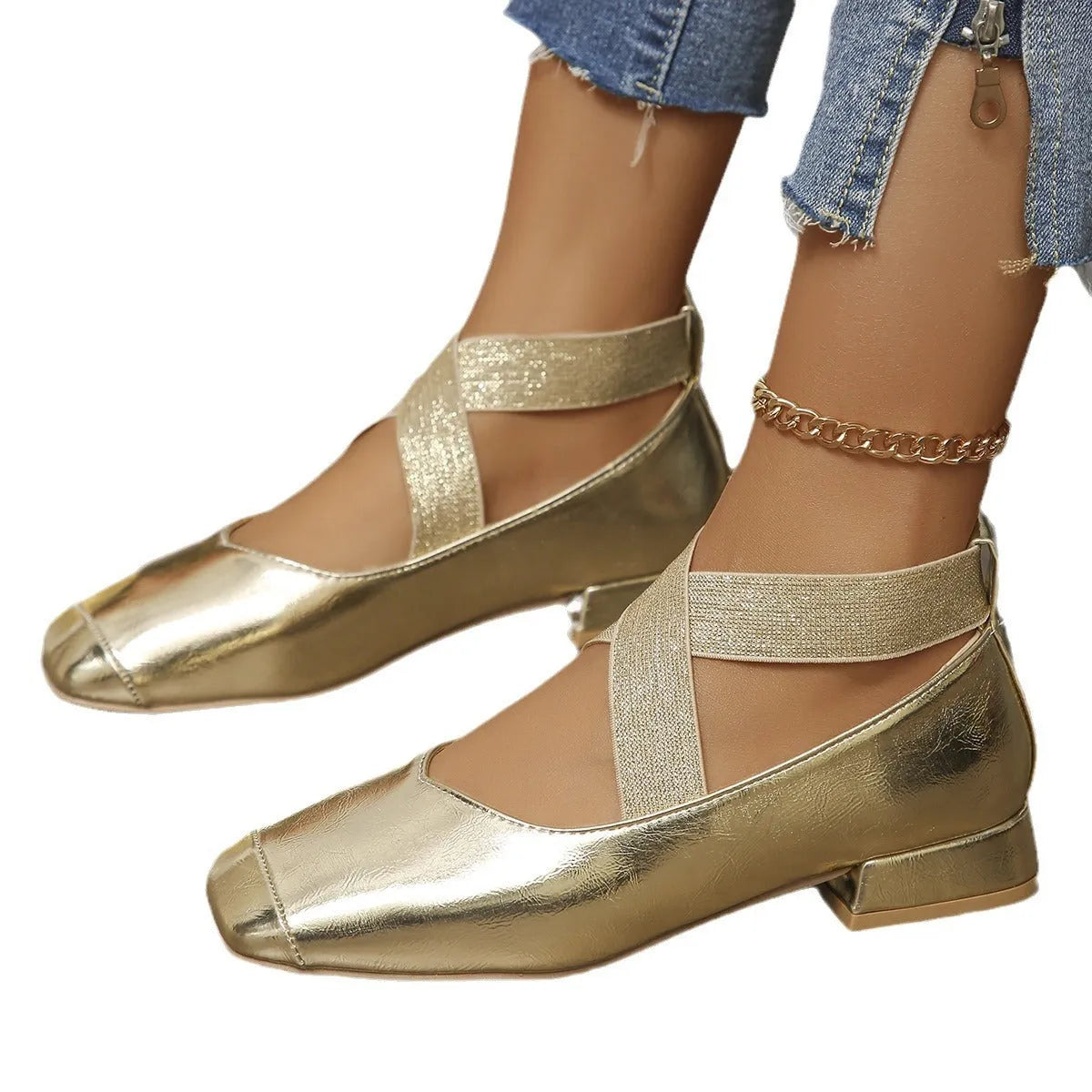 Square toe low heel slip-on pump in metallic colour with rubber sole