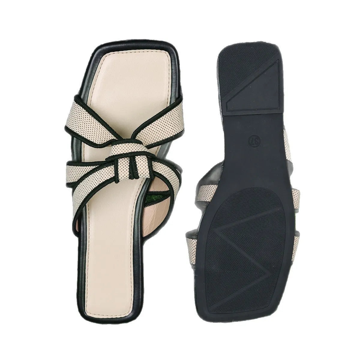 Women's half slippers with artificial PU upper and non-slip rubber sole in black and milky white on a light background