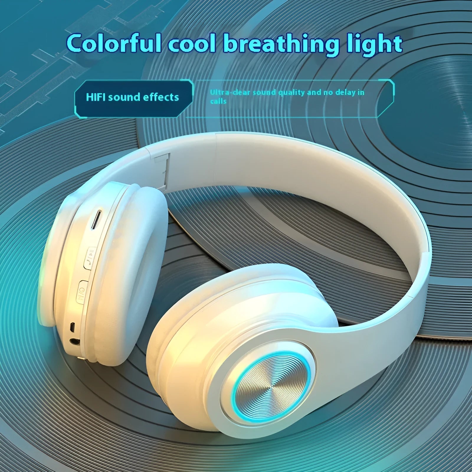 Wireless Bluetooth gaming headset in black with head-mounted design and breathing light effects