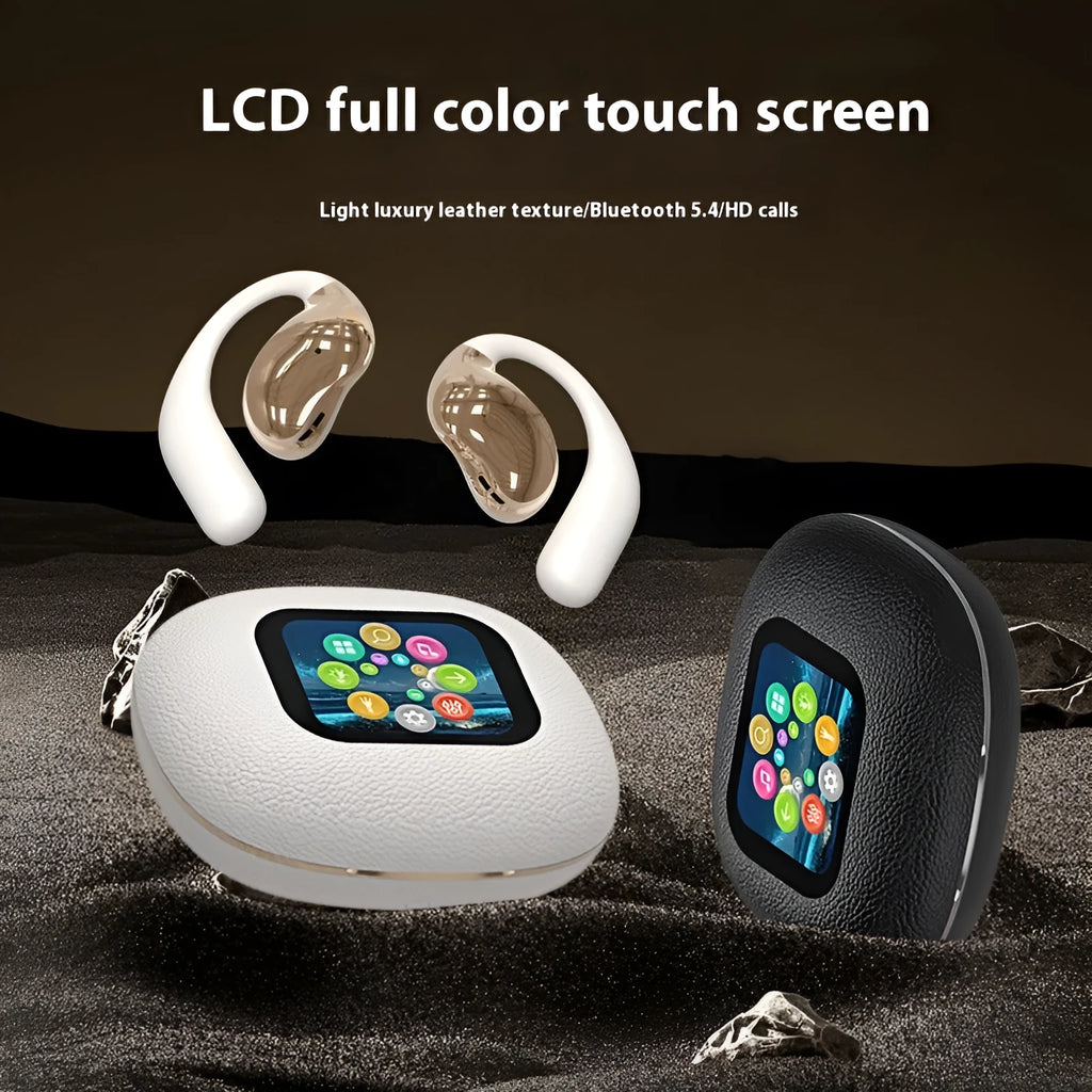 Open ear Bluetooth headset with leather texture finish in black, white, milky white, or purple, featuring digital display and voice control.