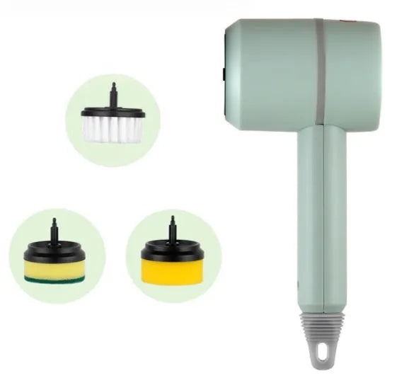 White electric cleaning brush with rotating scrub head and separate scouring pad attachment