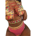 Women's checkered multicolour bikini set with cross-strap fishnet top and high-waist briefs.