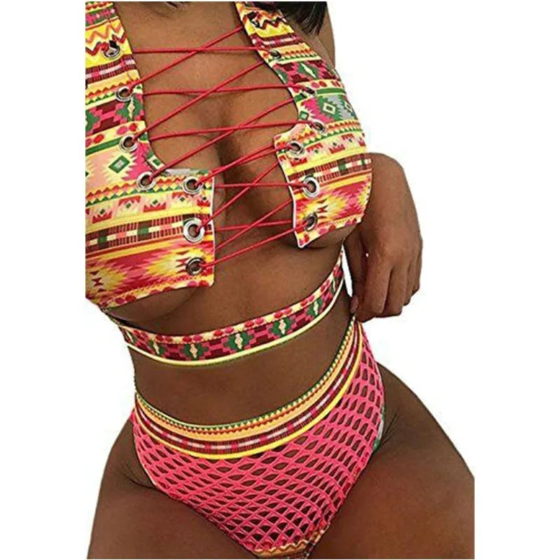 Women's checkered multicolour bikini set with cross-strap fishnet top and high-waist briefs.