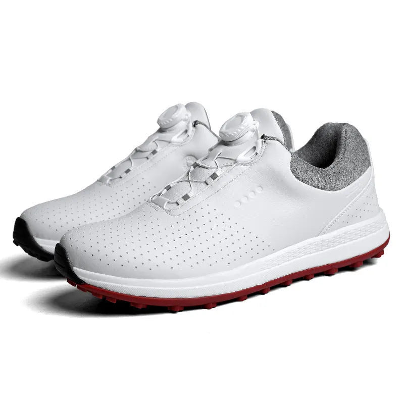 Men's white and black casual golf shoes with breathable design and broken nail non-slip sole pattern