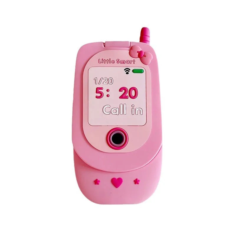 Pink silicone flip phone case with a mirror for iPhone models.
