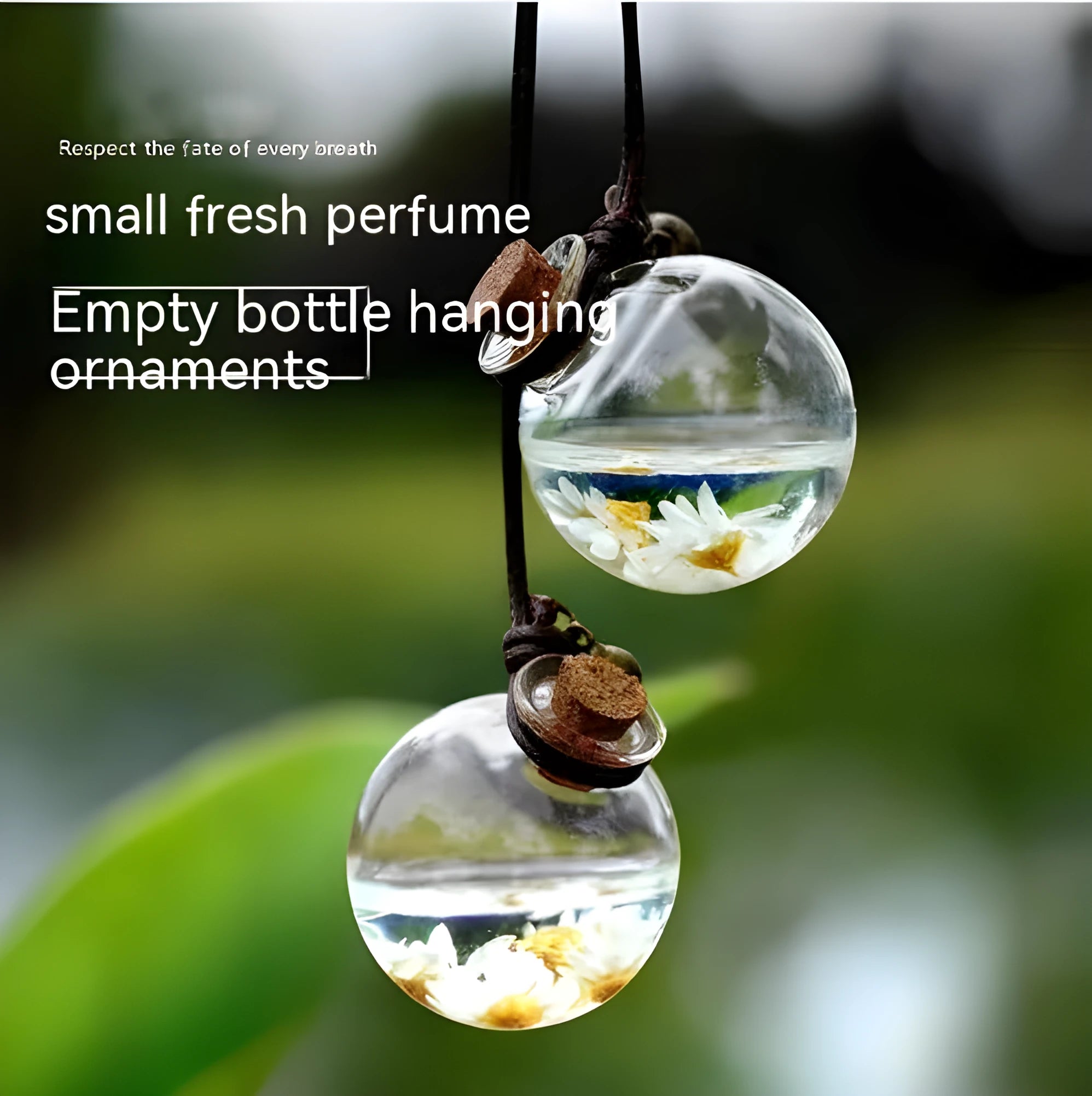 Glass car perfume pendant with preserved flowers inside, shown in a selection of different floral colours.