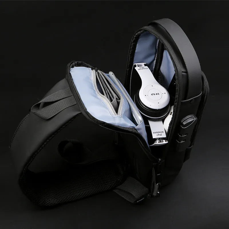 Motorcycle chest bag in PU leather with password lock, square vertical shape, car-suture design, black colour