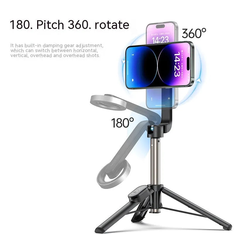 Magnetic mini selfie stick in black with Bluetooth remote and aluminium alloy tripod on a table