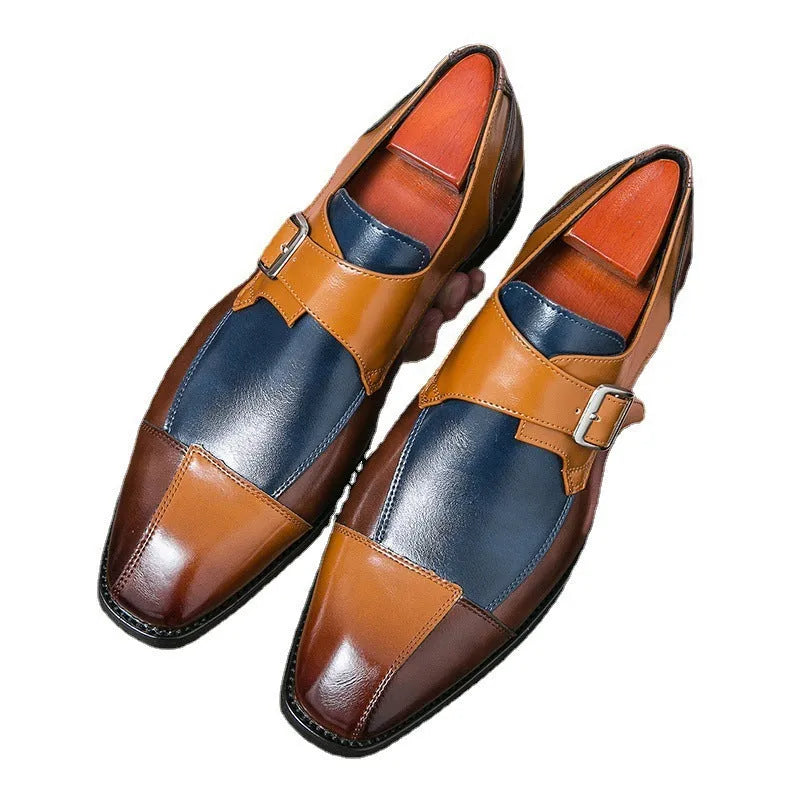 Men's brown-blue retro leather casual shoes with decorative buckle and tall crown
