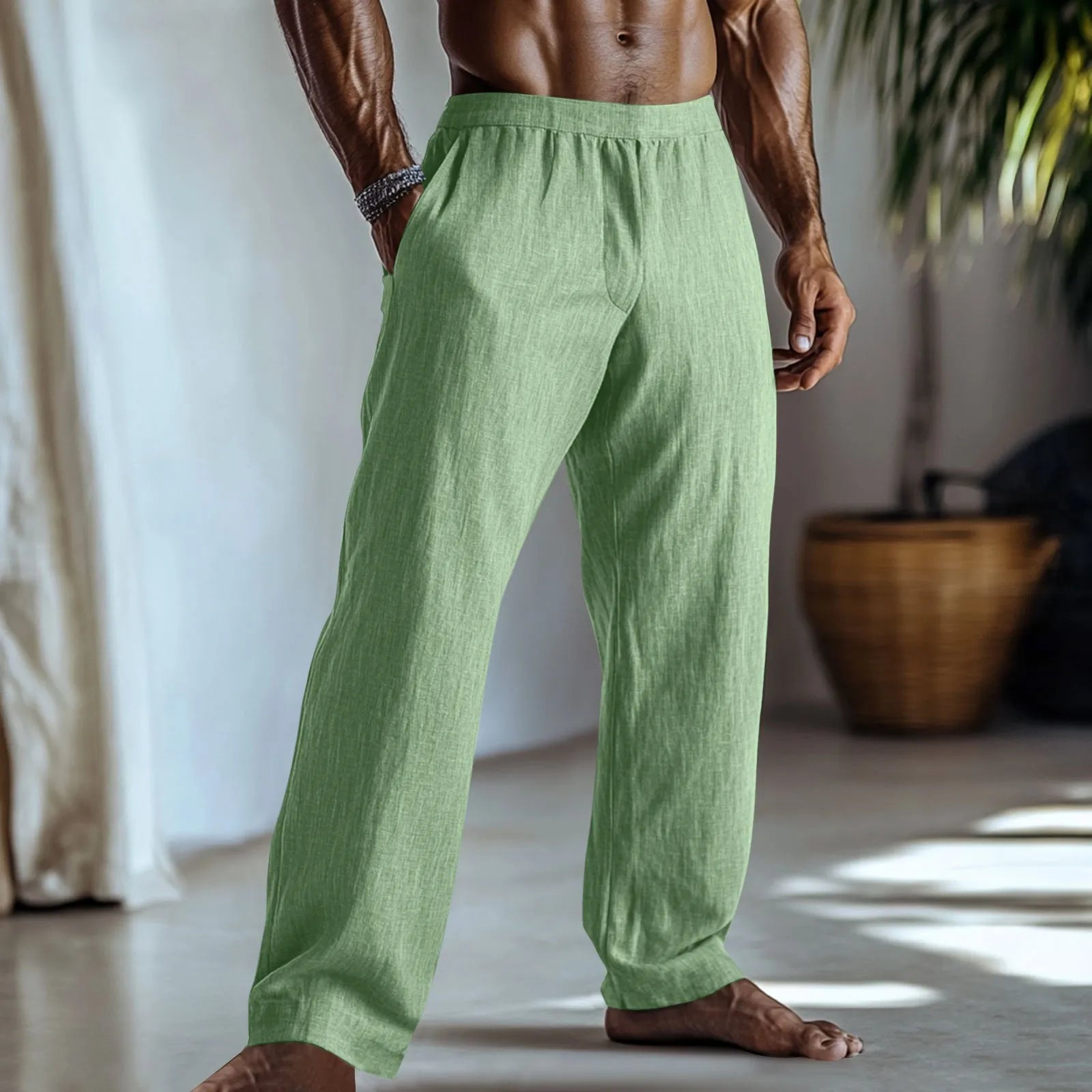 Cotton and linen straight-leg casual trousers in British style with multiple colour options