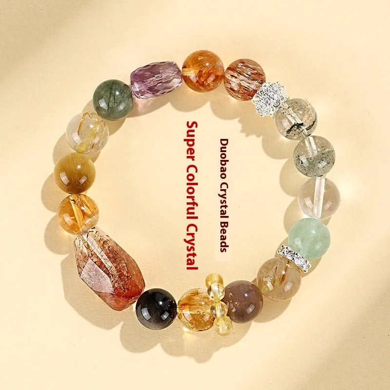 Close-up of a handmade black and gold natural crystal bead bracelet for women.