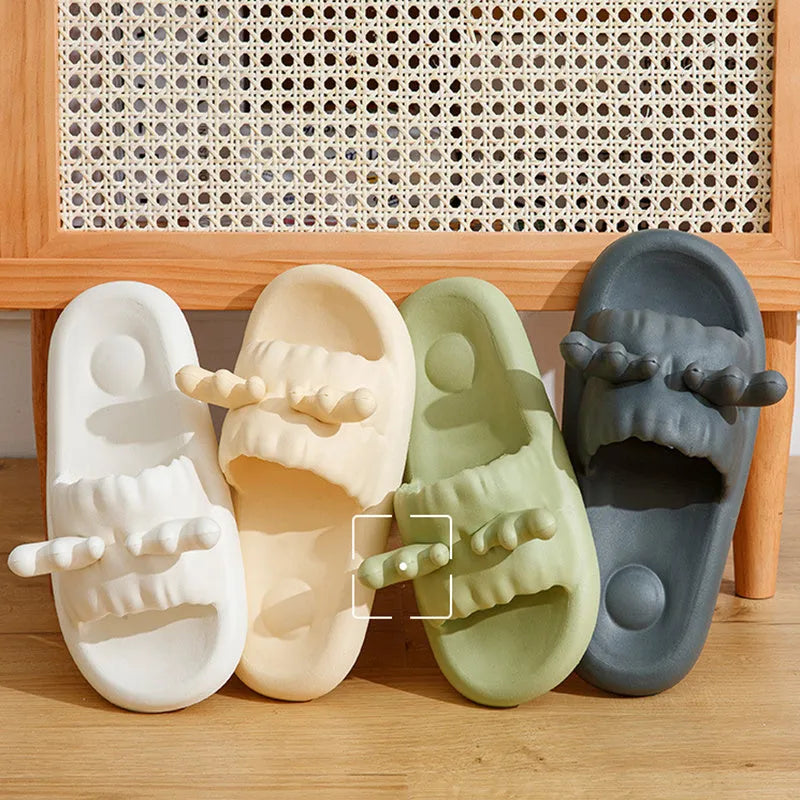 Deer horn design EVA flip flop slippers in light yellow, showing hollow out pattern and non-slip sole.