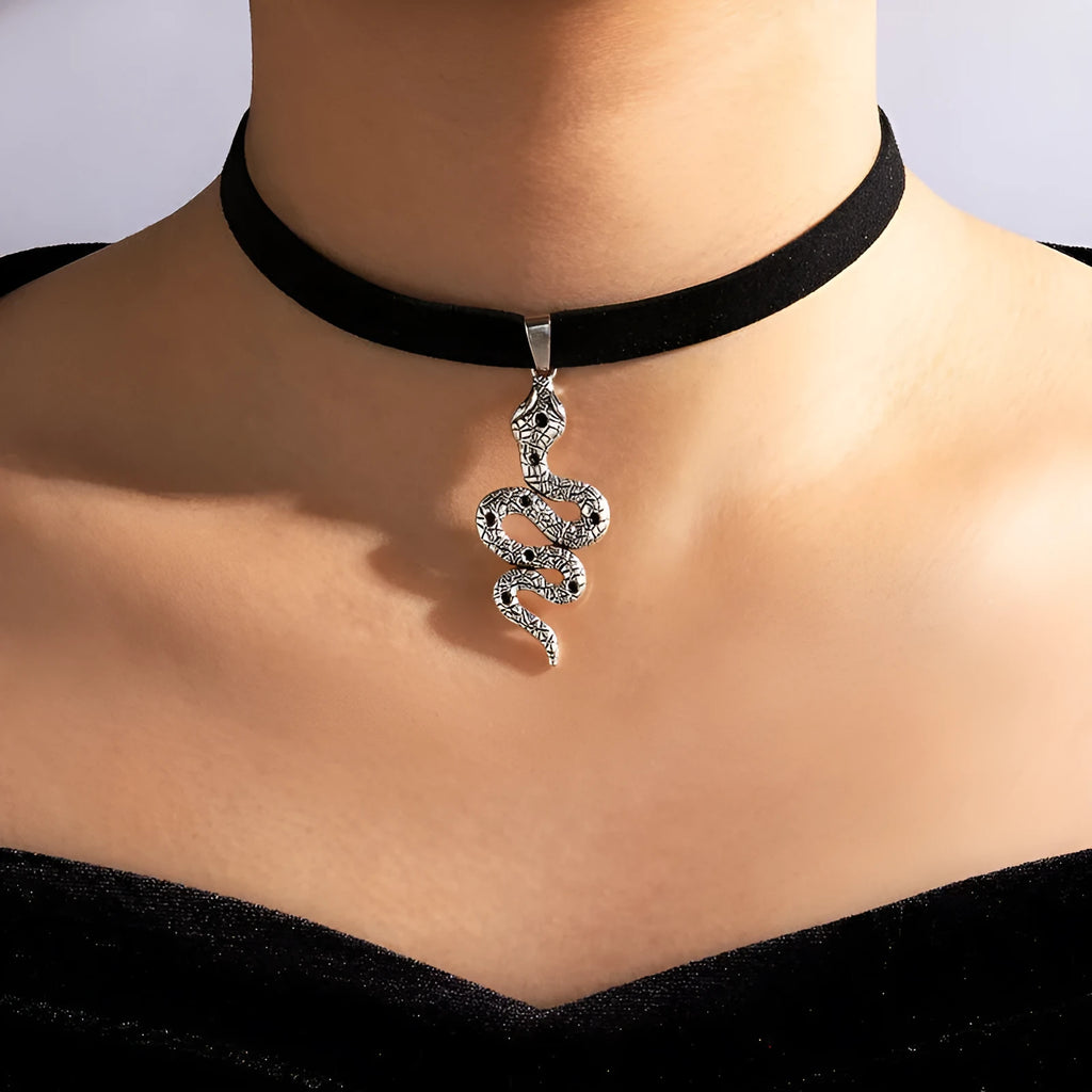 Gothic snake choker necklace in silver or gold alloy with baroque styling for women