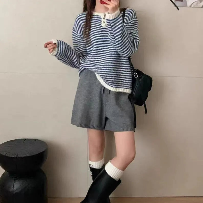 Retro striped cashmere pullover sweater for women in red or blue colour with free size fit
