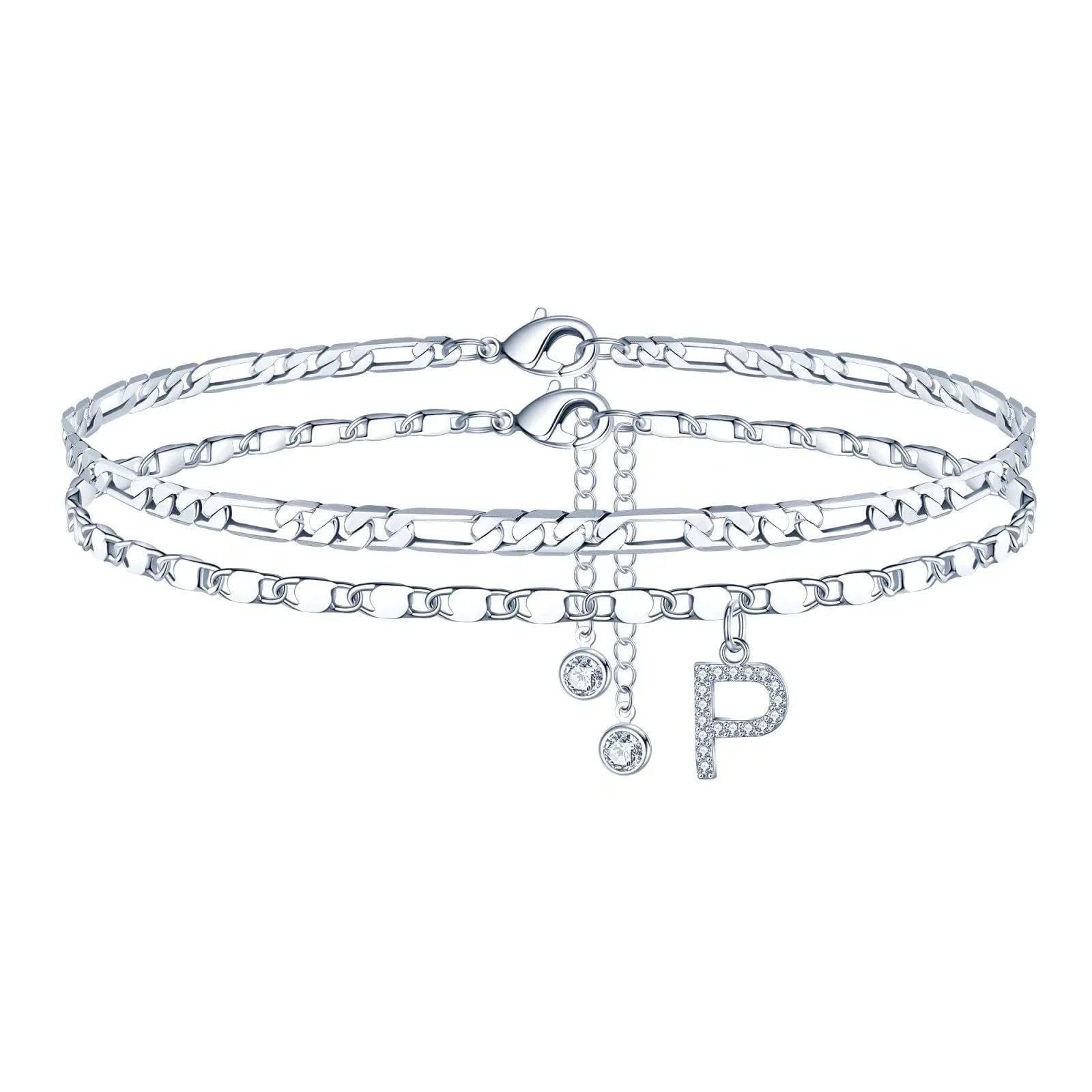 Silver colour copper anklet with double-circle design and text bead elements on ankle