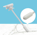 Electric beverage pump with blue press handle and a long white straw next to its colour box packaging.