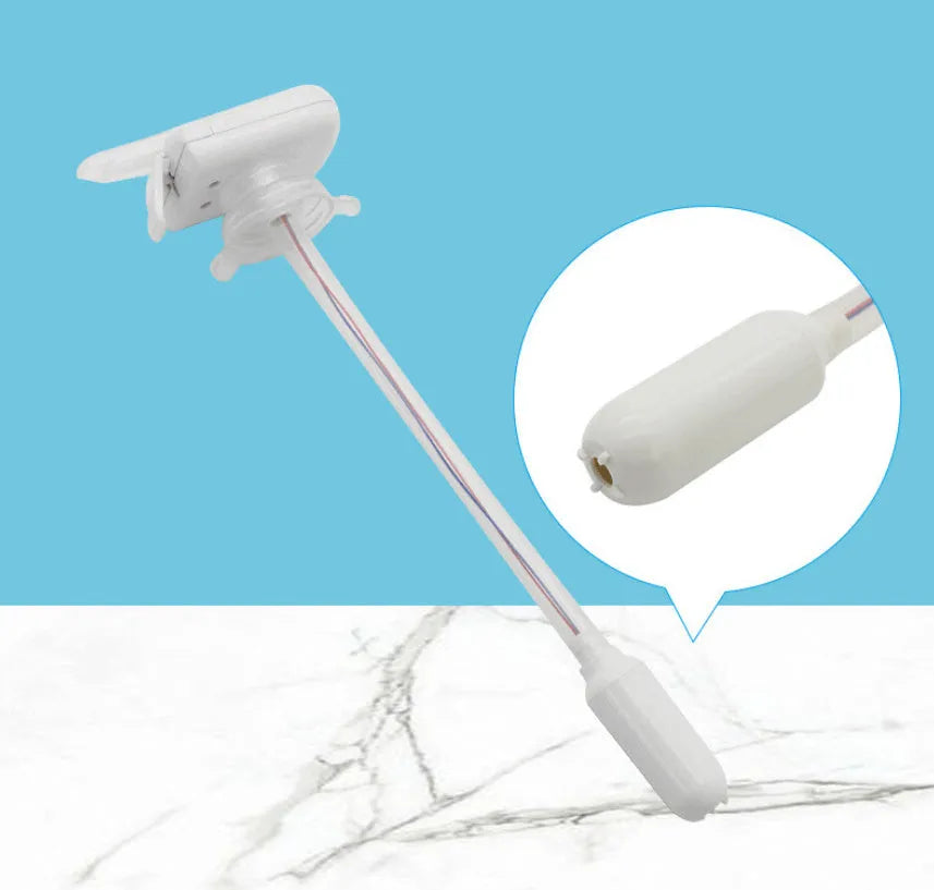 Electric beverage pump with blue press handle and a long white straw next to its colour box packaging.