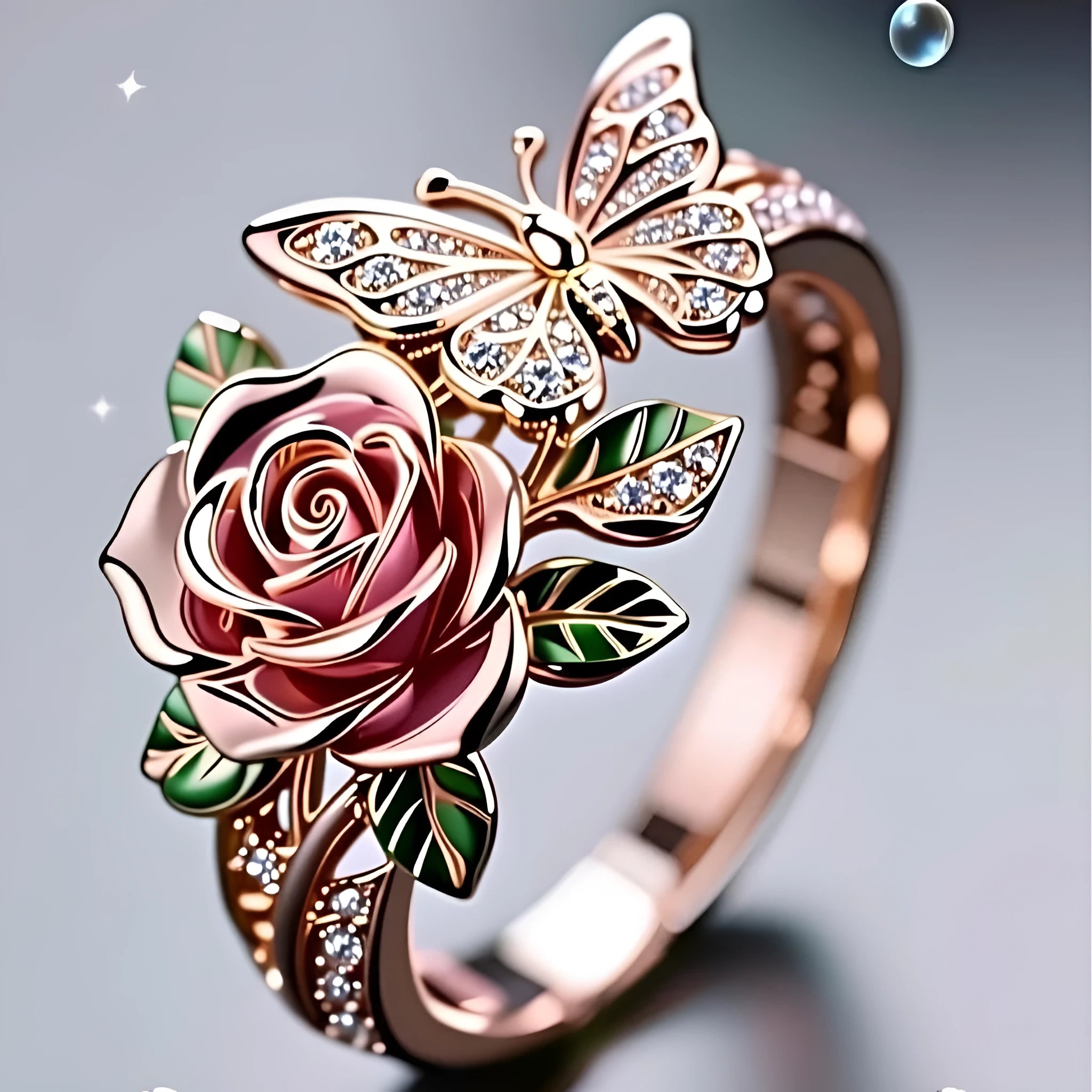 Close-up of an adjustable alloy ring with a colourful oil-drip finish, showing detailed butterfly and floral modelling.