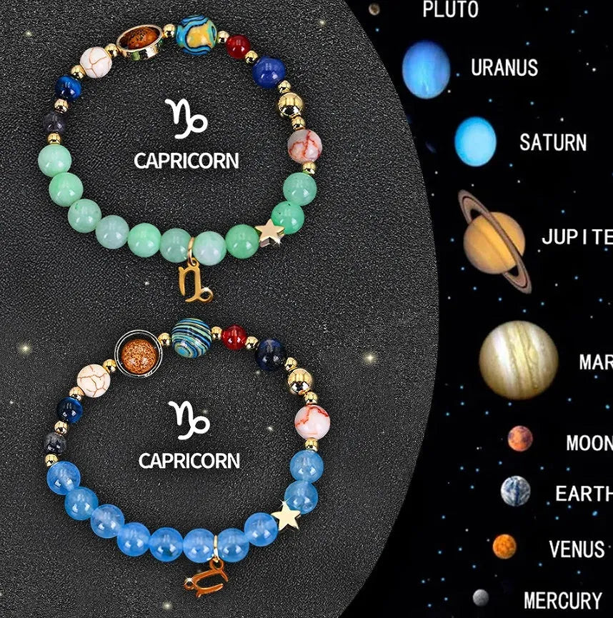 Set of twelve natural stone beaded bracelets on a table, each with different beads representing zodiac signs.