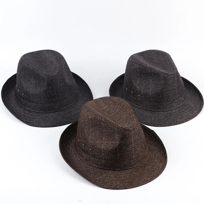 Classic brown fedora hat for men with a reinforced brim, shown on a wooden stand.