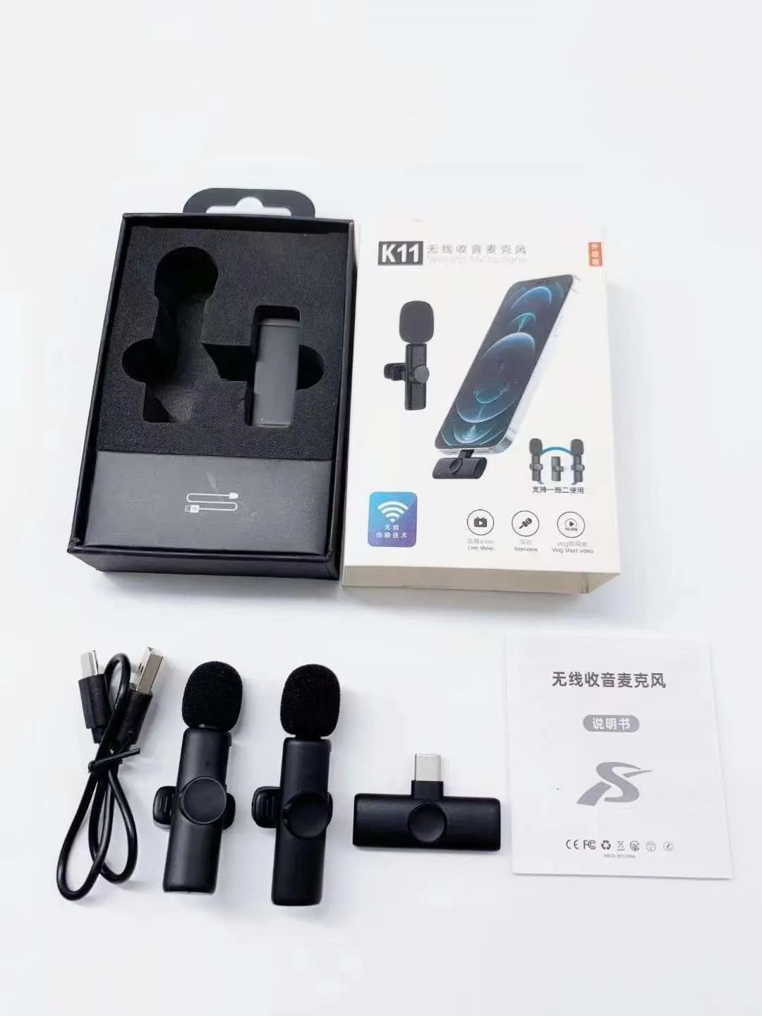 Wireless collar clip microphone for outdoor video recording with multiple interface connection options