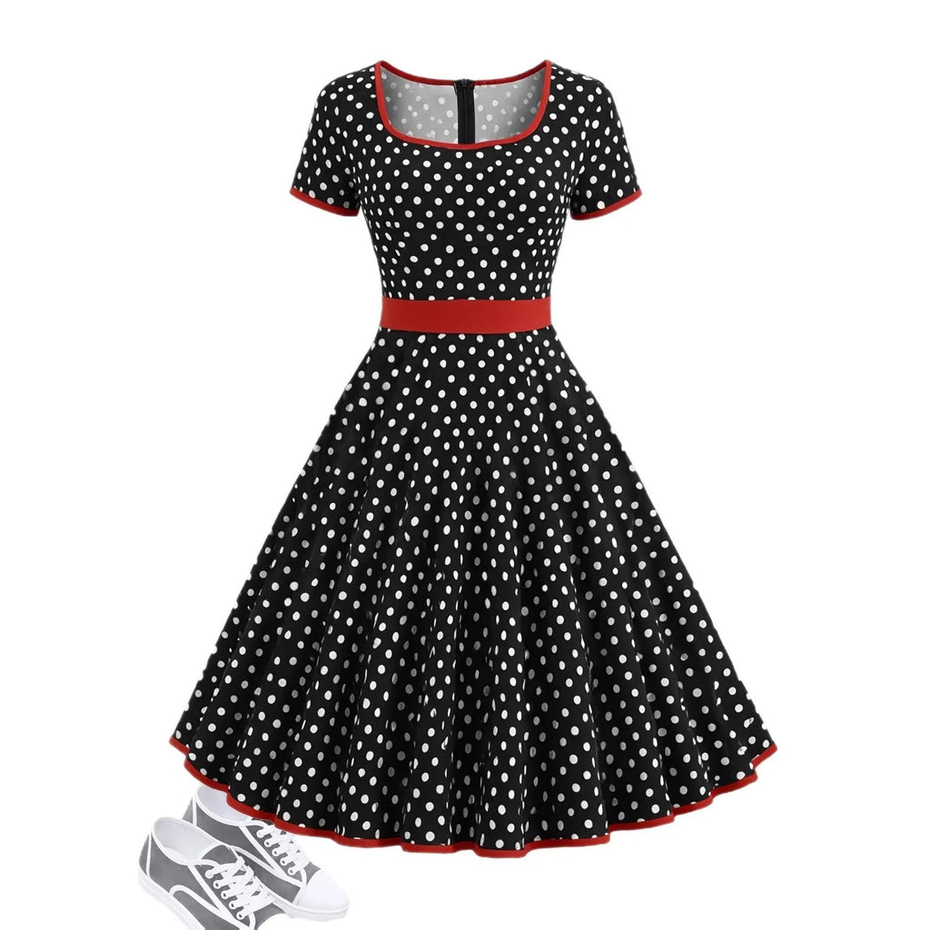 Multicolour polka dot midi dress with a structured square neckline and a front metal zipper closure.
