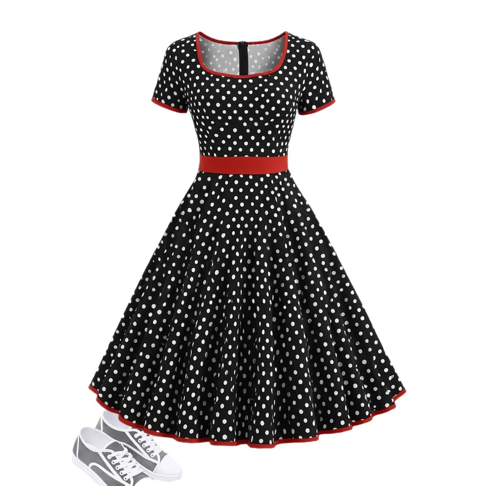 Multicolour polka dot midi dress with a structured square neckline and a front metal zipper closure.