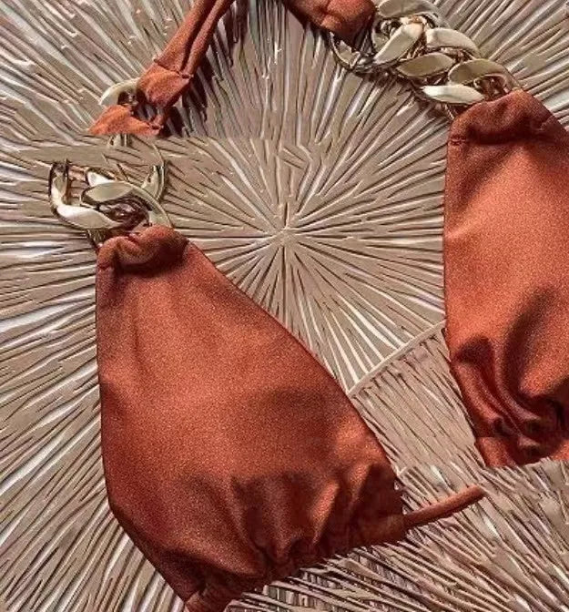 Brown tube-top ring tether push up bikini swimsuit, sleeveless, S to L, nylon, polyester lining