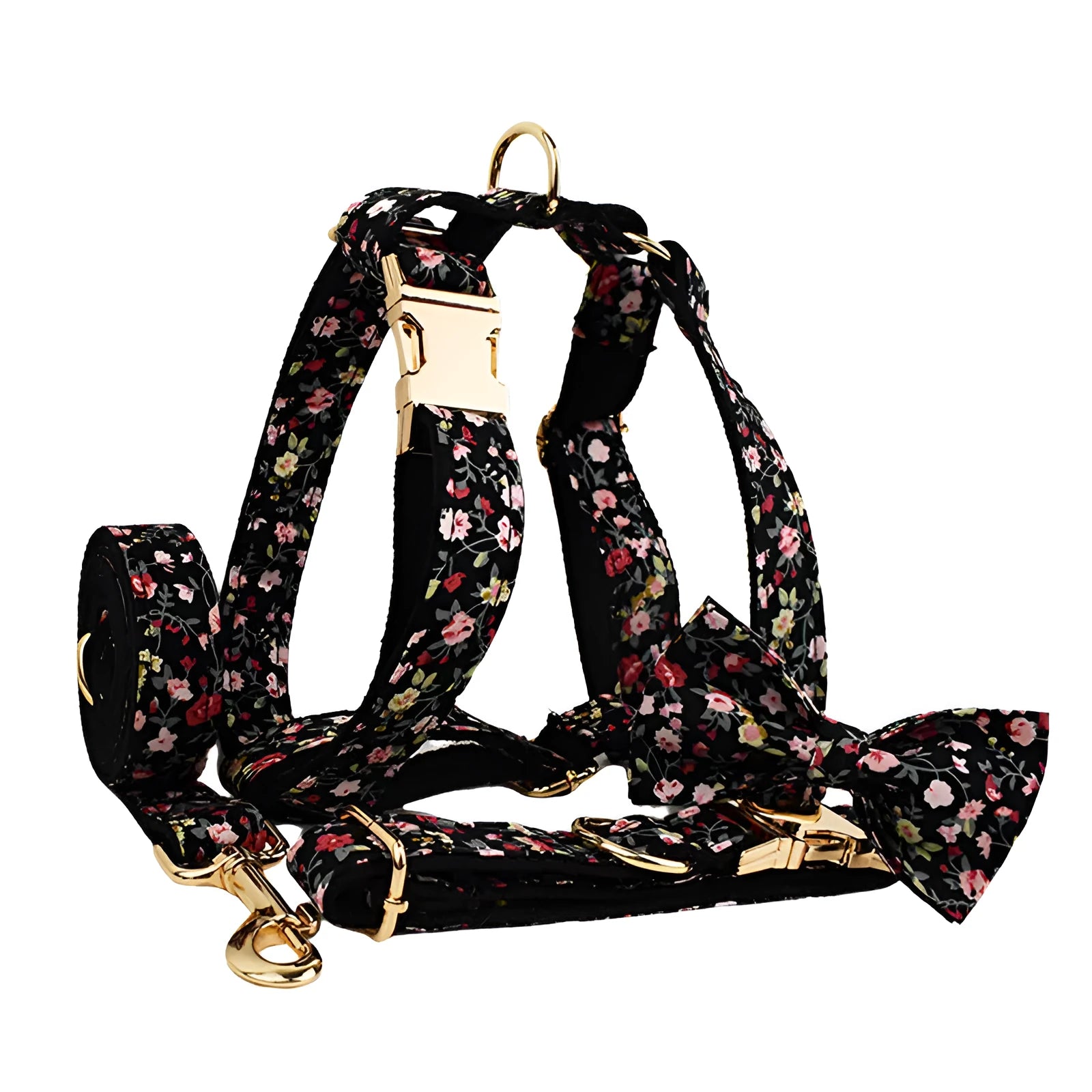 Cloth dog collar set with removable bow print includes matching leash, bow accessory, and vest in multiple sizes