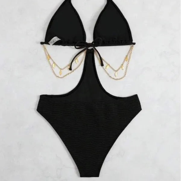 Black women's bikini swimsuit with chain detailing on a sleeveless top.